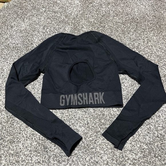 Gymshark Long Sleeve Crop Top Women's M Solid Black Fitted Workout Shirt - Picture 8 of 9